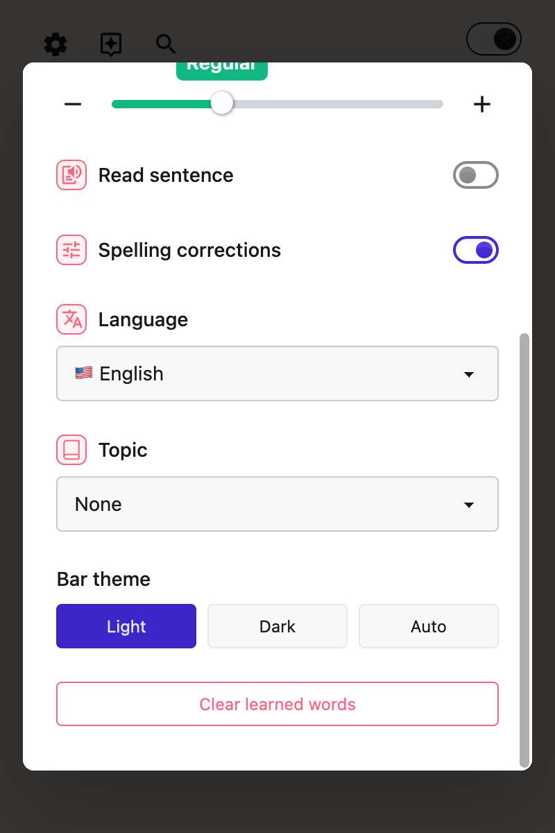 The Bar theme options in the Word prediction panel, offering Light, Dark and Auto