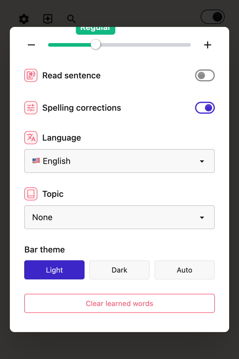 The Clear learned words button in Helperbird's word prediction options
