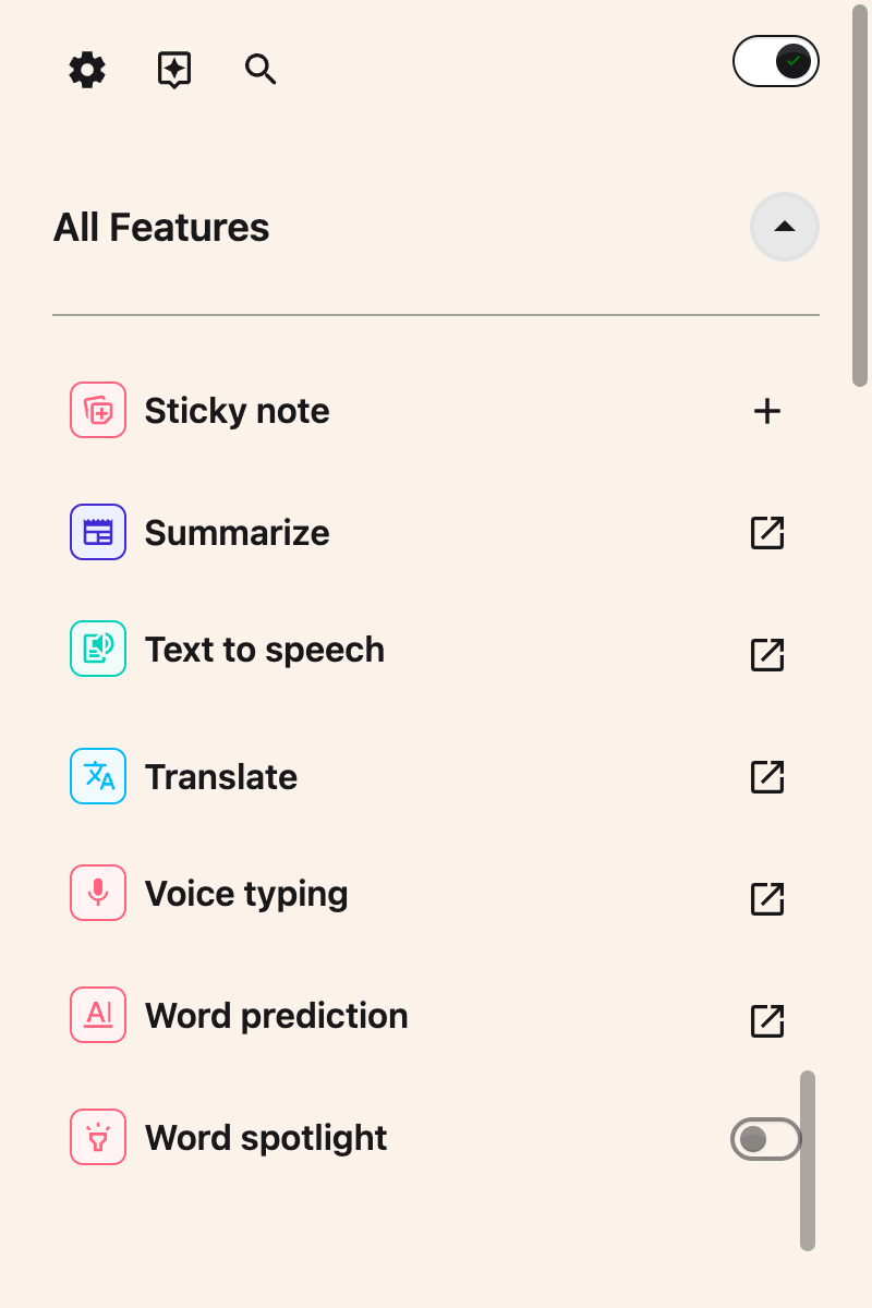 The All Features list scrolled to show the Word prediction row