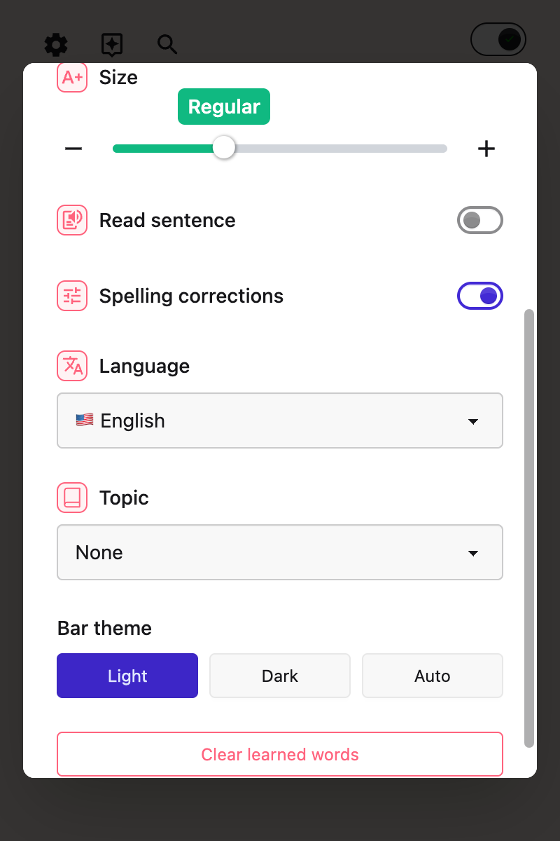 The Word prediction language menu, offering English, French, German, Spanish and more