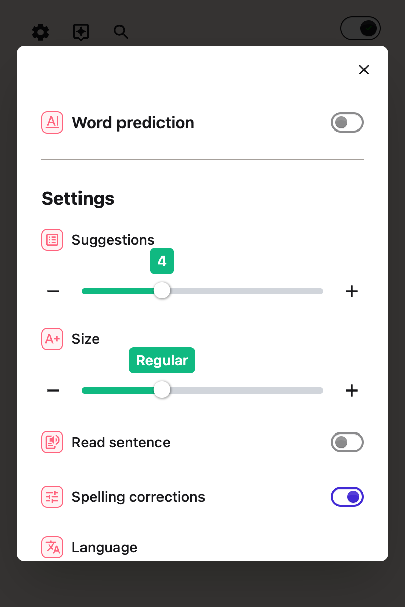The Word prediction panel open in the Helperbird popup