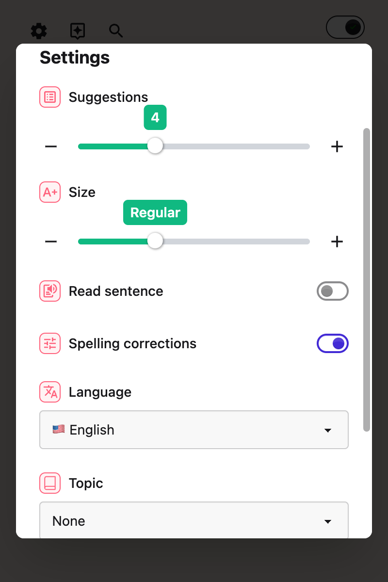 The Read sentence toggle in Helperbird's word prediction options