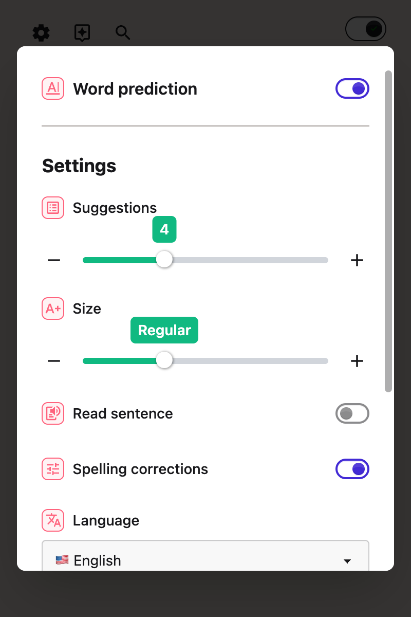 The Size slider in the Word prediction panel, controlling how large the prediction bar appears