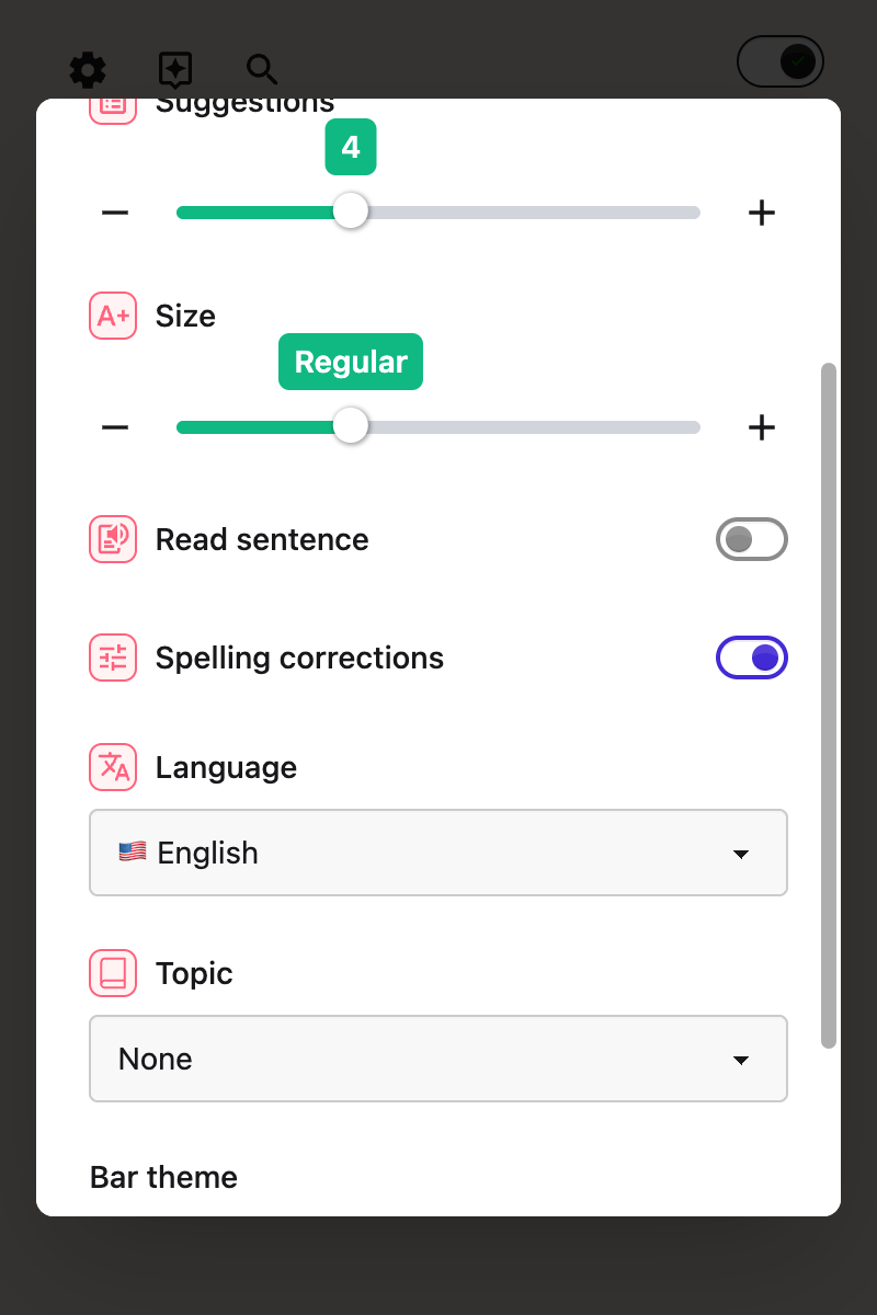 The Spelling corrections switch in the Word prediction panel