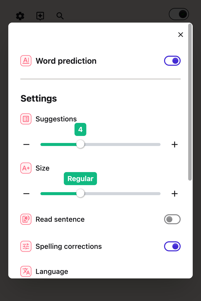 The Suggestions slider in the Word prediction panel, setting how many words are offered