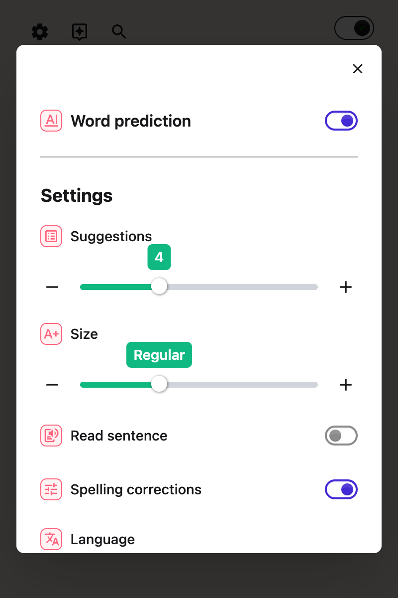 The Word prediction toggle switched on, revealing its settings