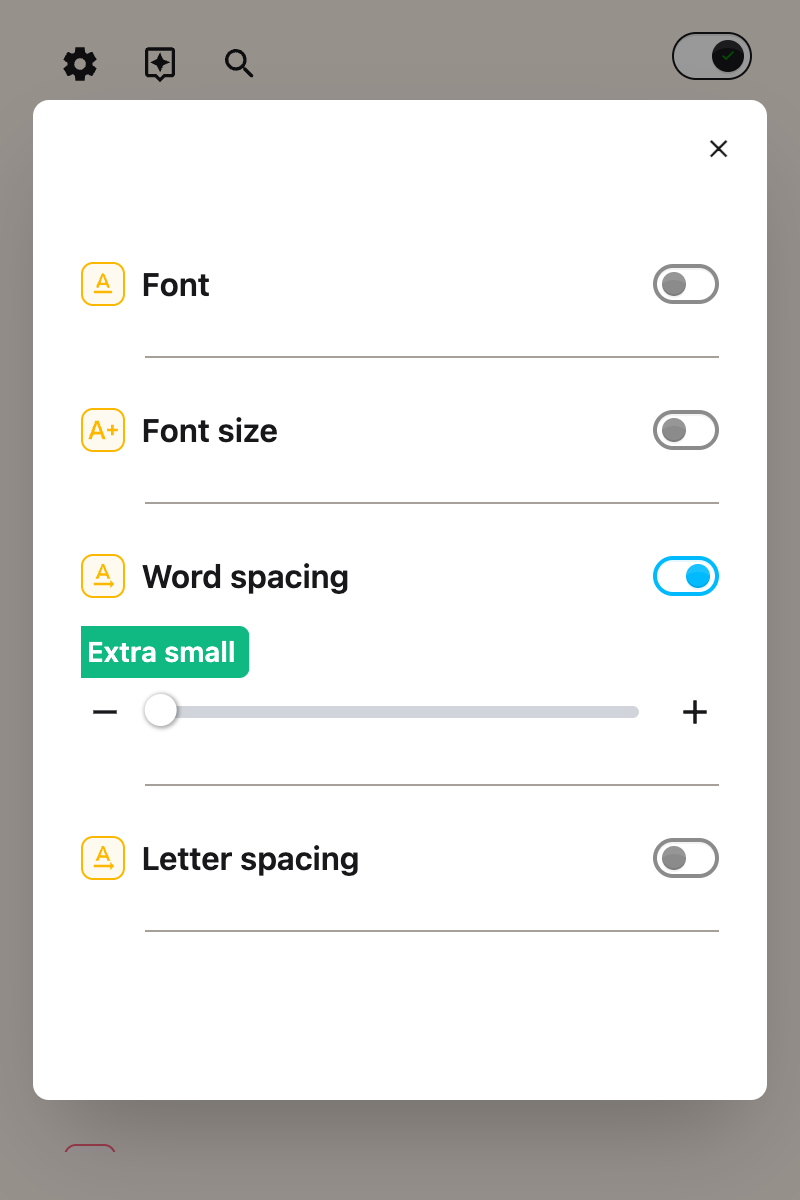 The Word spacing toggle switched on in the Helperbird popup