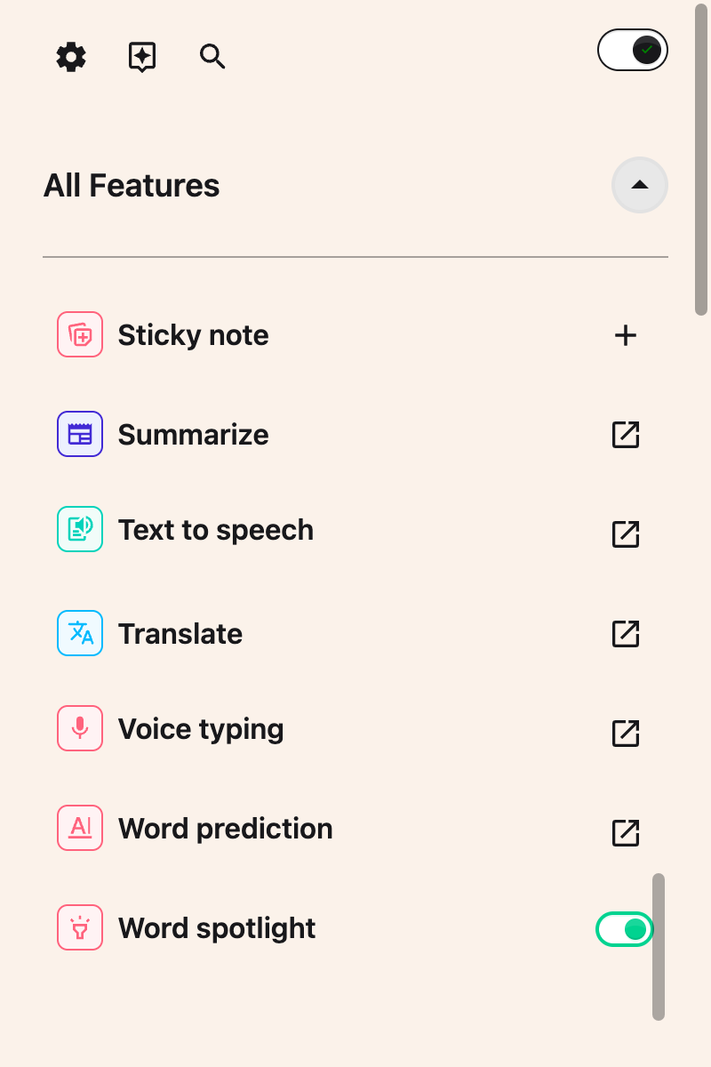 The same Word spotlight row after the toggle has been turned on