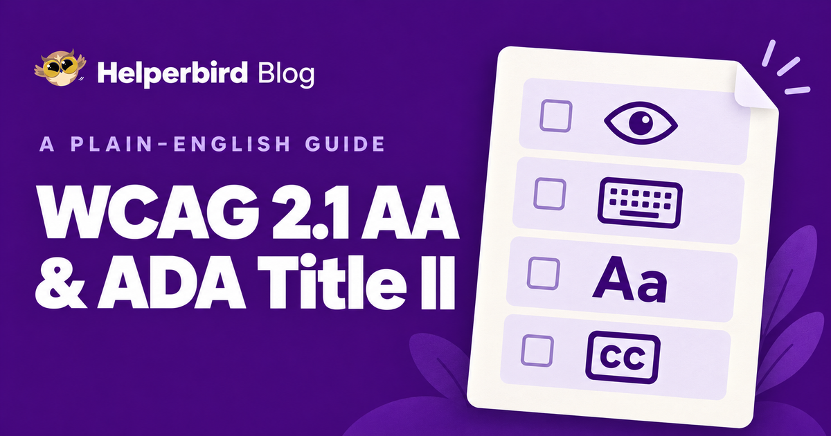 Purple Helperbird Blog cover for a plain-English guide to WCAG 2.1 AA and ADA Title II, beside an uncompleted accessibility checklist.