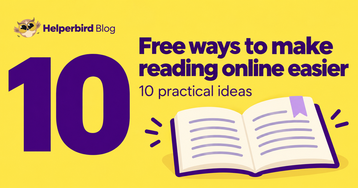 Yellow blog cover with a large 10 and a cream reading page, presenting free ways to improve online reading.