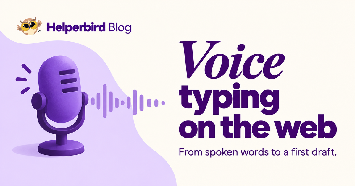 Cream and lavender cover with a purple microphone, introducing voice typing on websites.