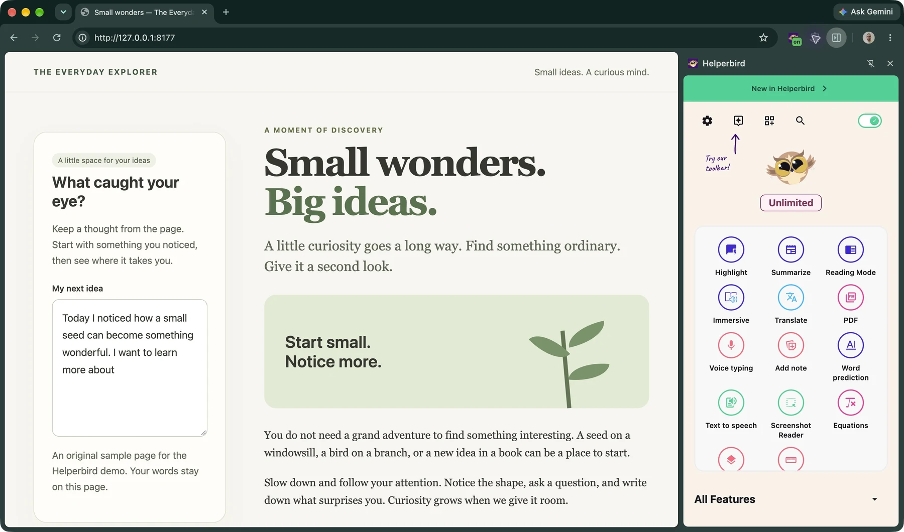 Helperbird open in Chrome beside an original sample article, showing reading, writing, and accessibility tools