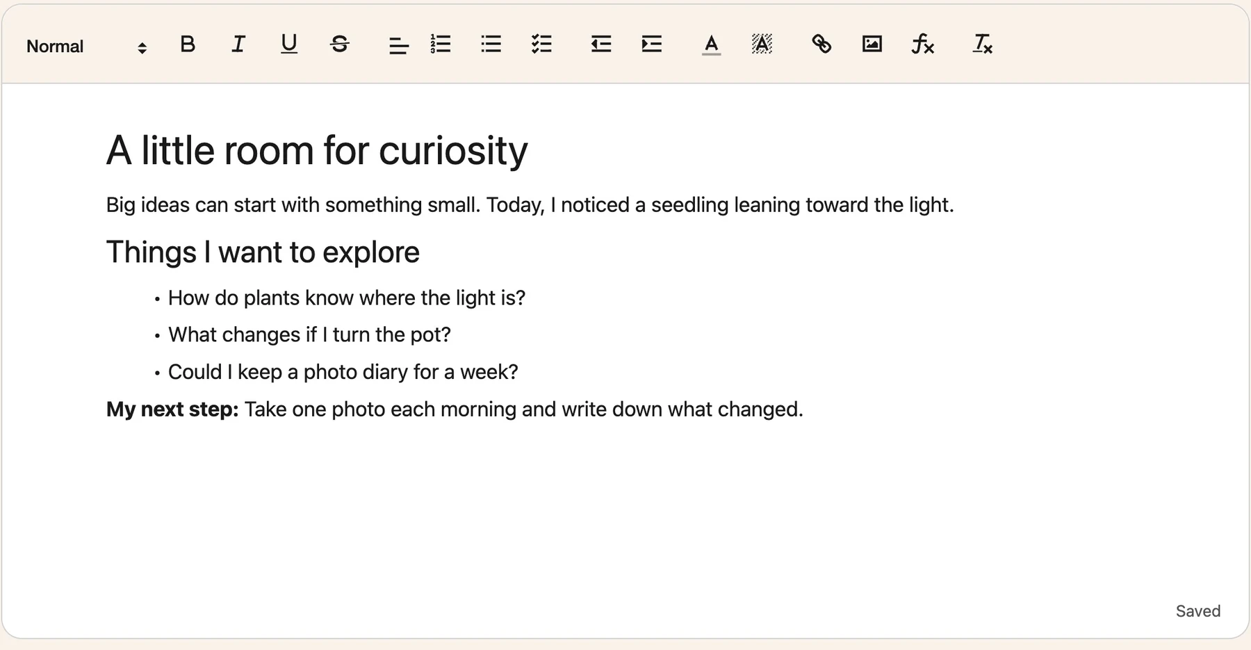 Helperbird Notepad in Chrome with an original draft, headings, lists, and formatting tools