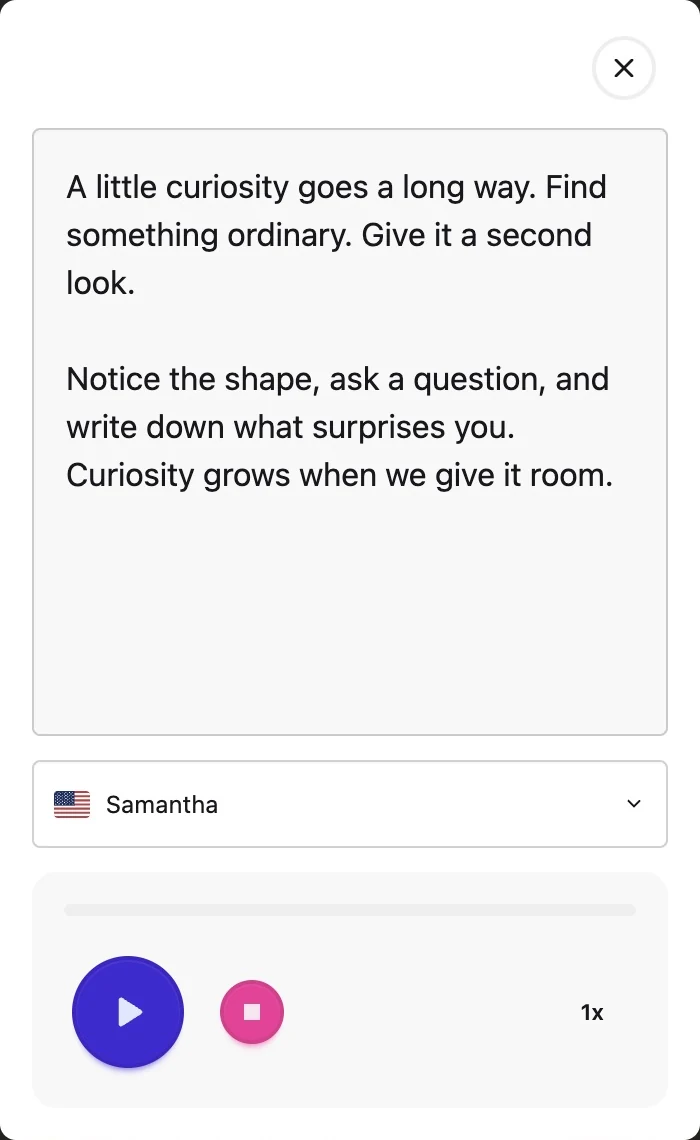 Helperbird text-to-speech settings in Edge, with voice, speed, and playback controls