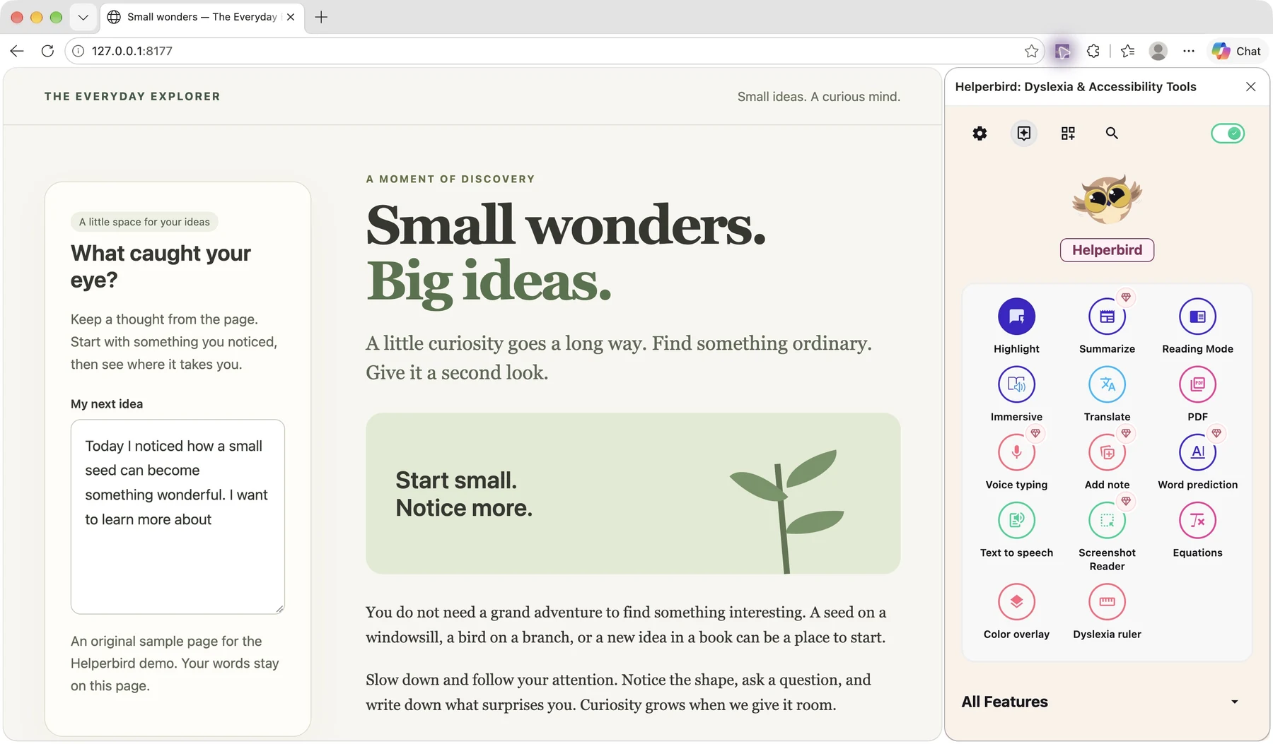 Helperbird open in Edge beside an original sample article, showing reading, writing, and accessibility tools
