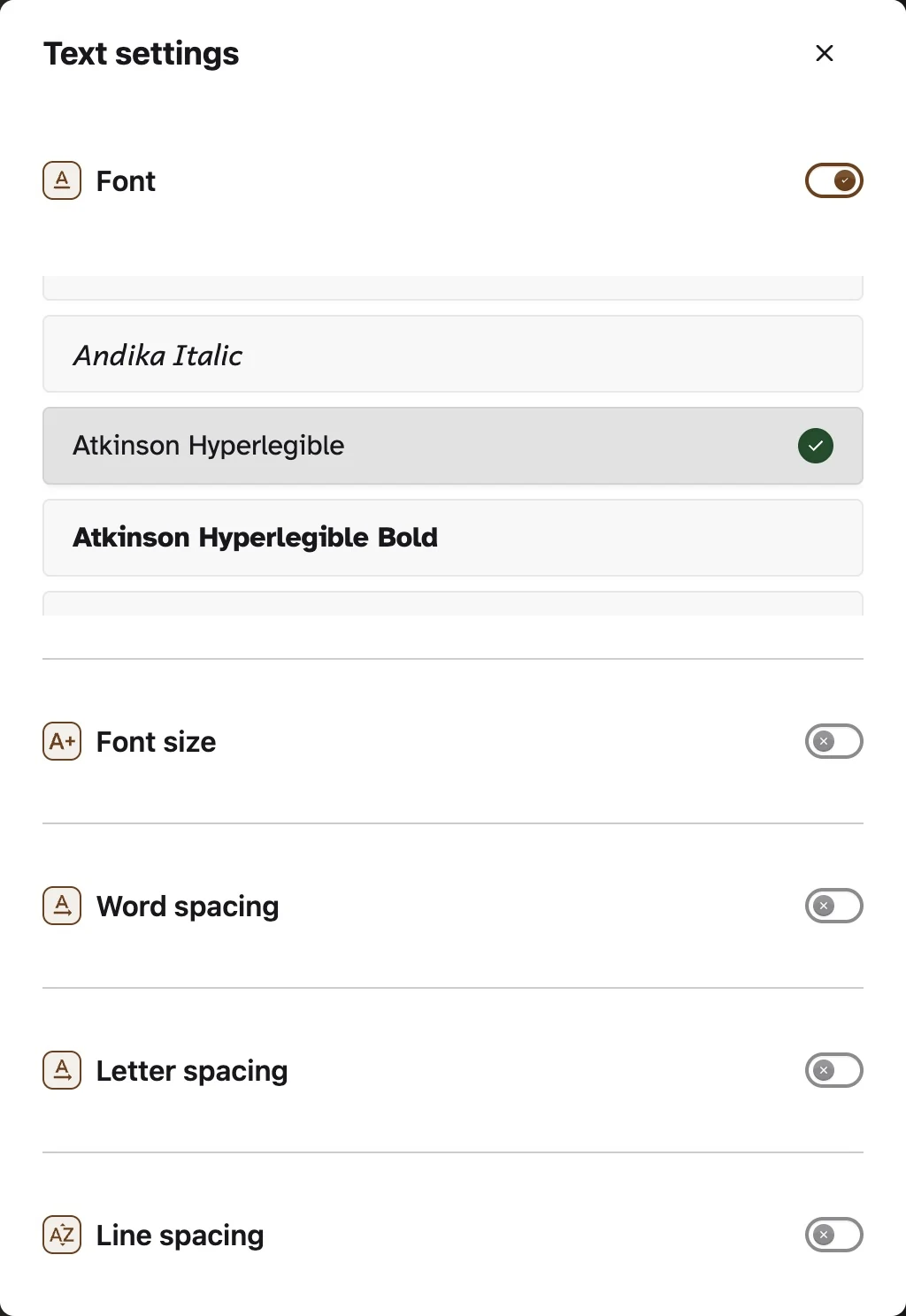 Helperbird’s font, text size, and spacing controls open in Edge