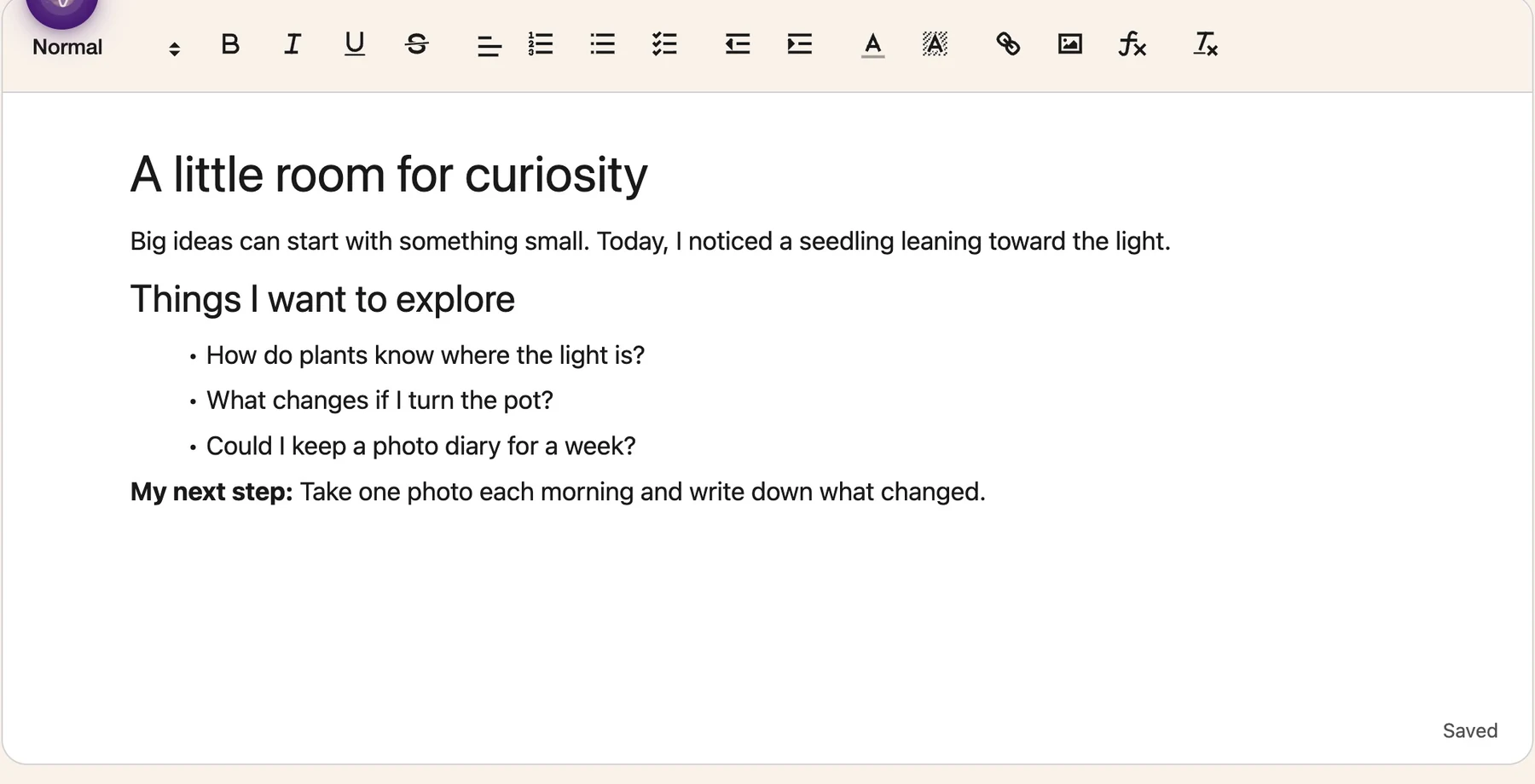 Helperbird Notepad in Edge with an original draft, headings, lists, and formatting tools