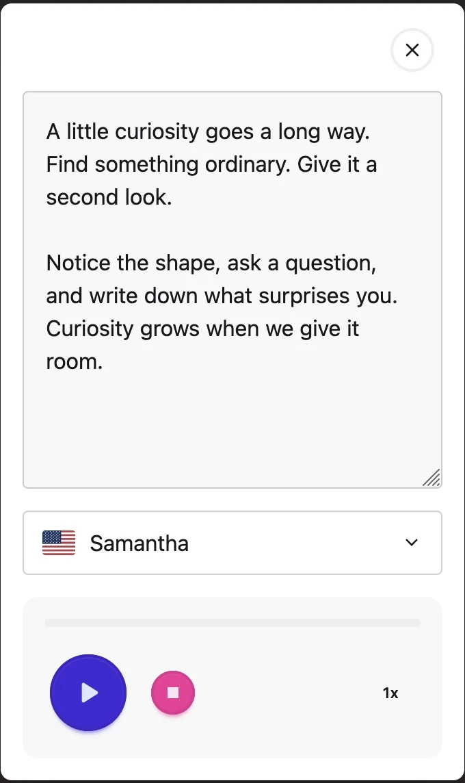 Helperbird text-to-speech settings in Firefox, with voice, speed, and playback controls
