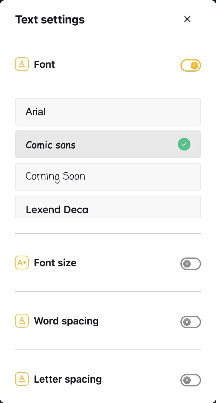 Helperbird’s font, text size, and spacing controls open in Firefox