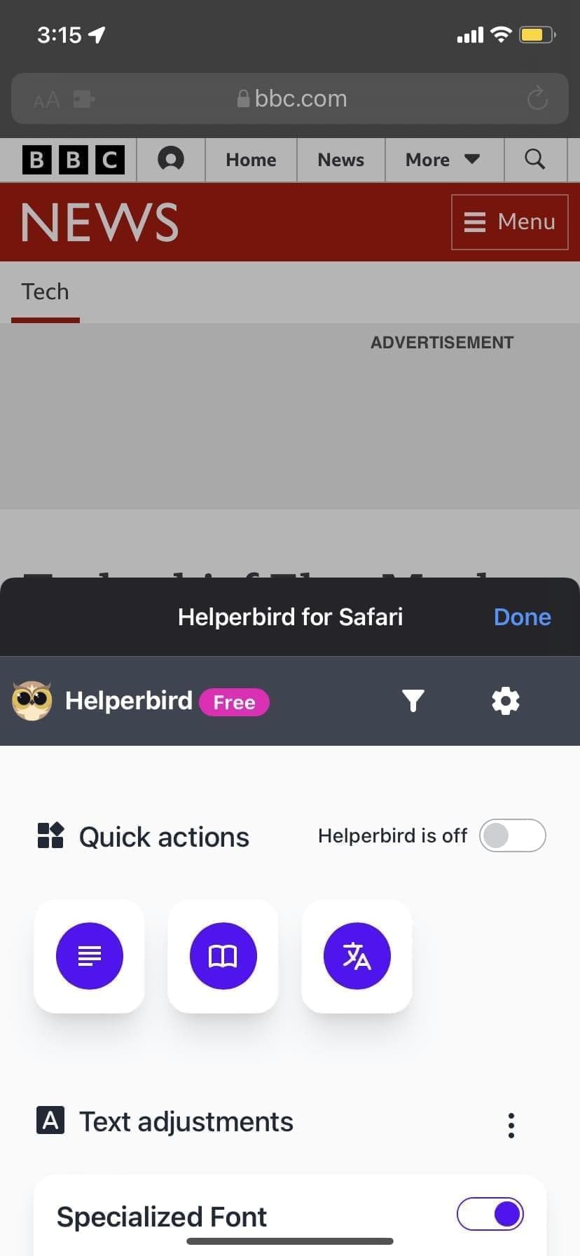 Screenshot of Helperbird running on iPad iOs 15