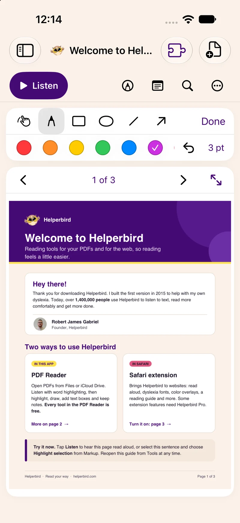 PDF annotation tools in the native Helperbird app for iPhone