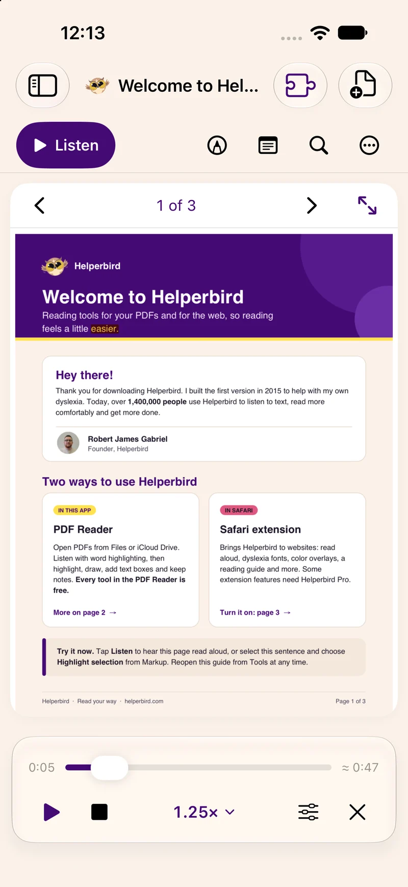 Helperbird for iPhone showing the PDF read-aloud player and playback controls