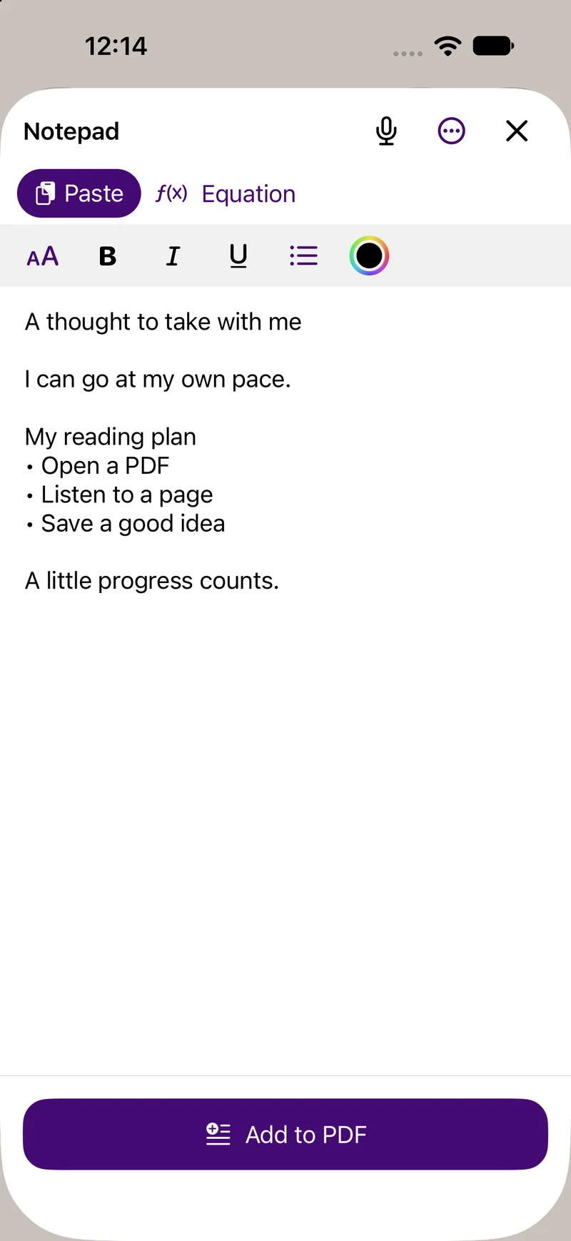 Helperbird for iPhone with a rich-text notepad and original sample reading notes