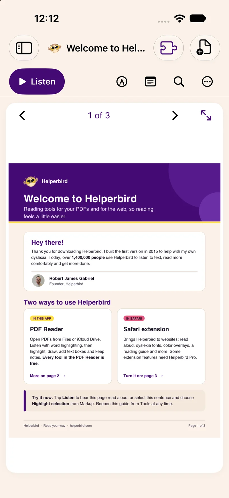 Helperbird PDF Reader on iPhone, showing the included welcome PDF and native reading tools