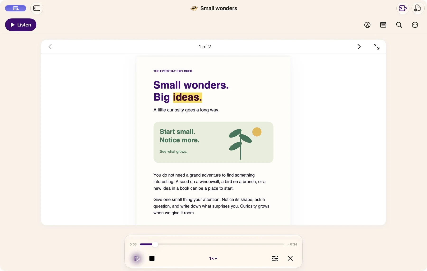 Helperbird for Mac showing the PDF read-aloud player and playback controls