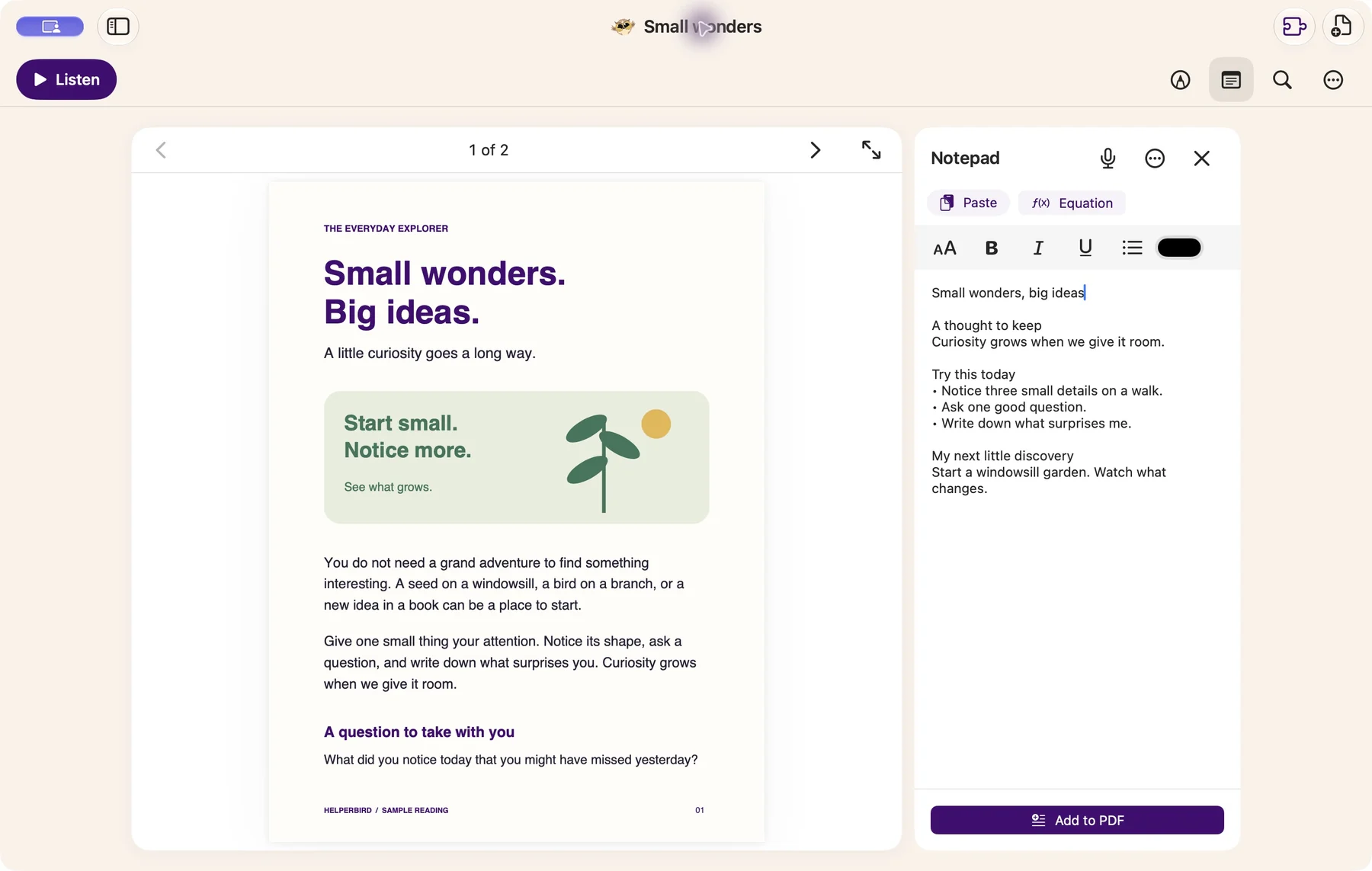 Helperbird for Mac with a rich-text notepad and original sample reading notes