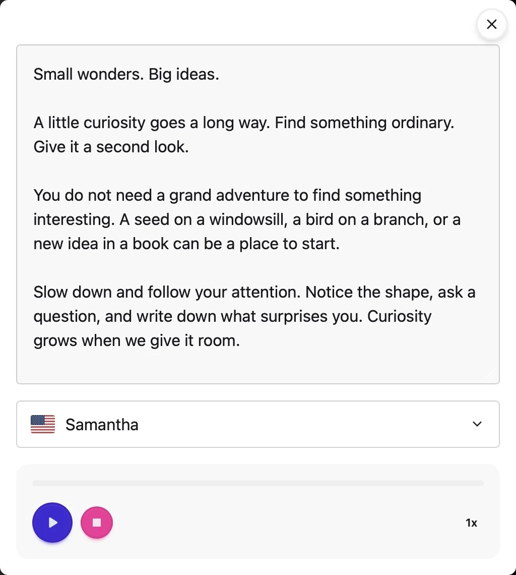 Helperbird’s Safari text-to-speech controls with original sample text, the Samantha voice, and playback controls