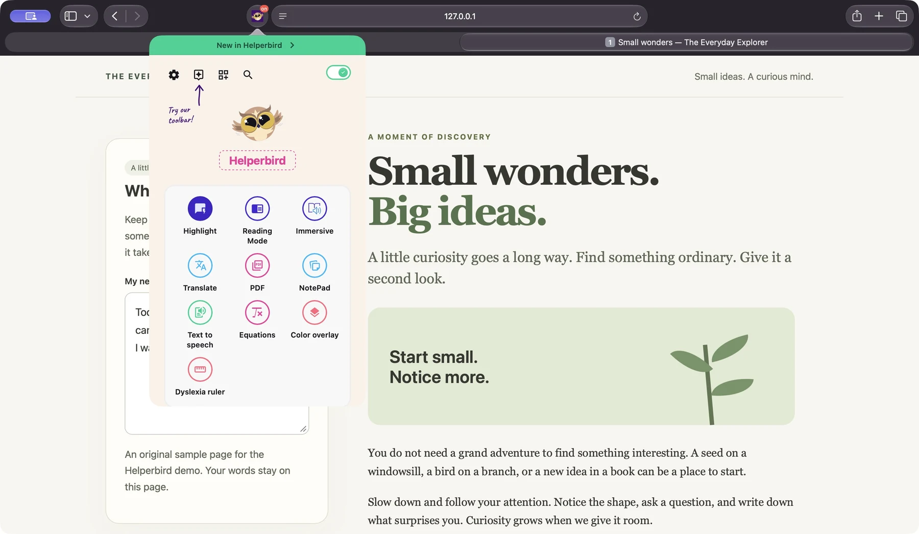 Helperbird’s extension open in Safari on Mac beside an original sample article, showing Reading Mode, text to speech, Notepad, and accessibility tools