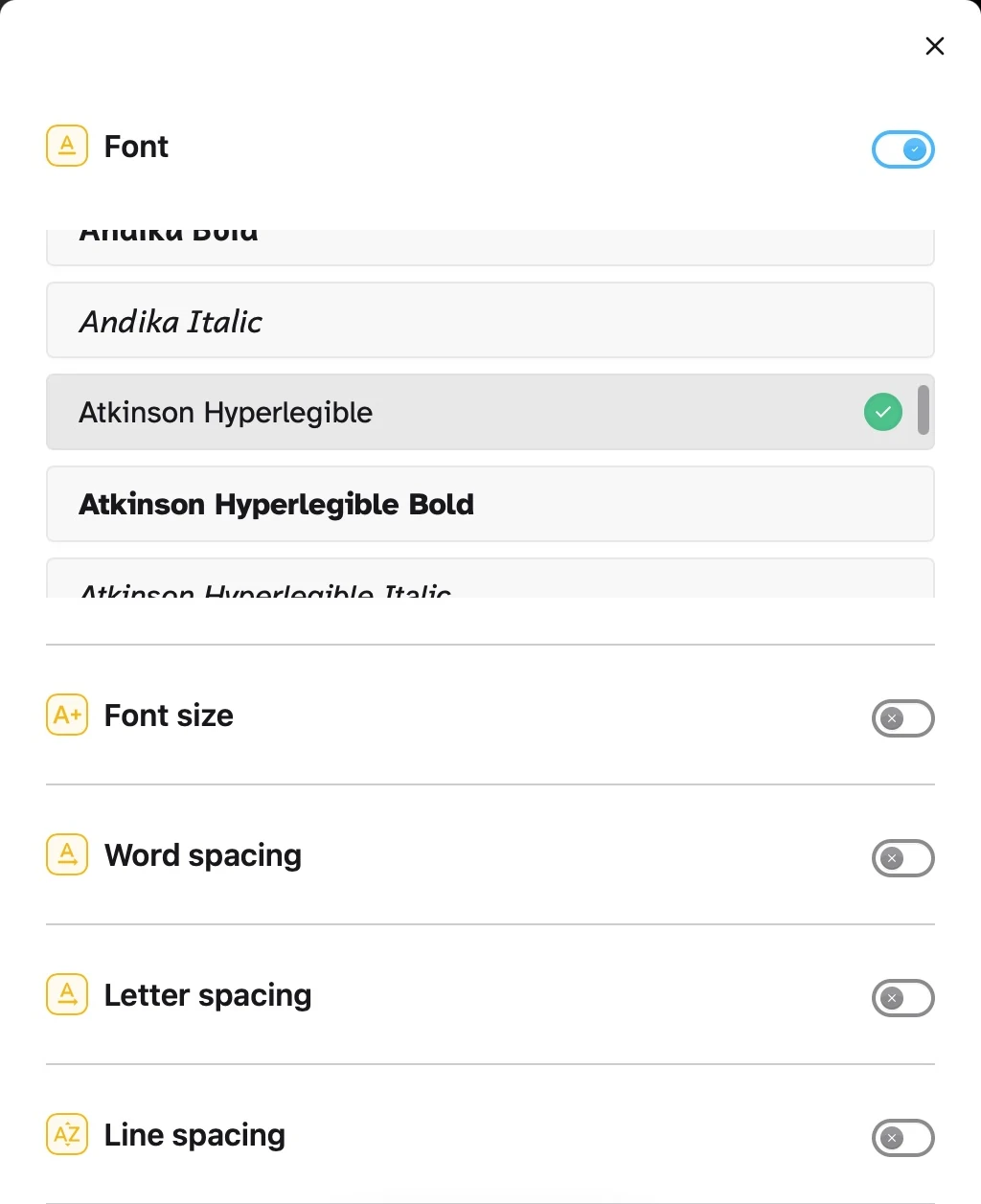 A close-up of Helperbird’s Safari reading settings, with Atkinson Hyperlegible selected and font size and spacing controls