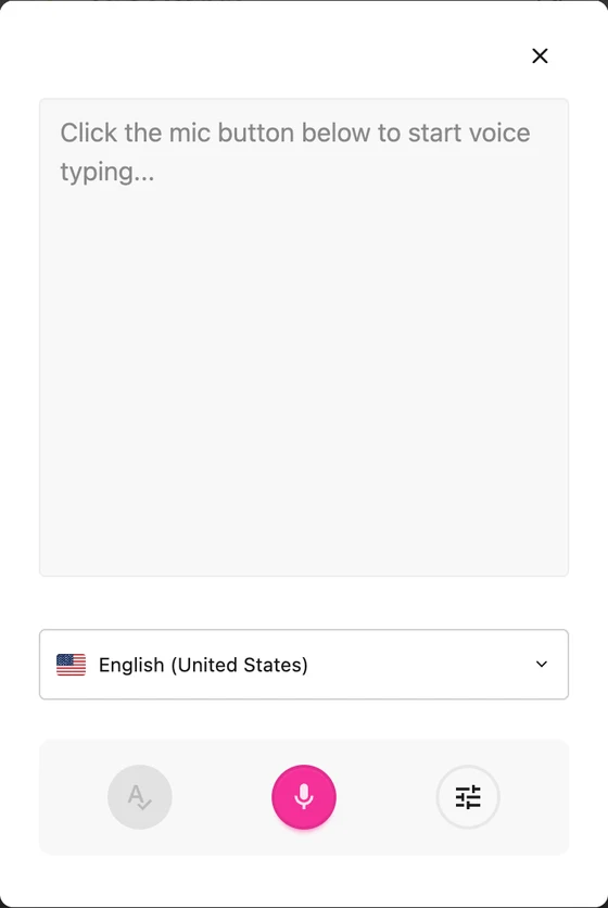 Helperbird Voice typing with a text area, language choice, and microphone control