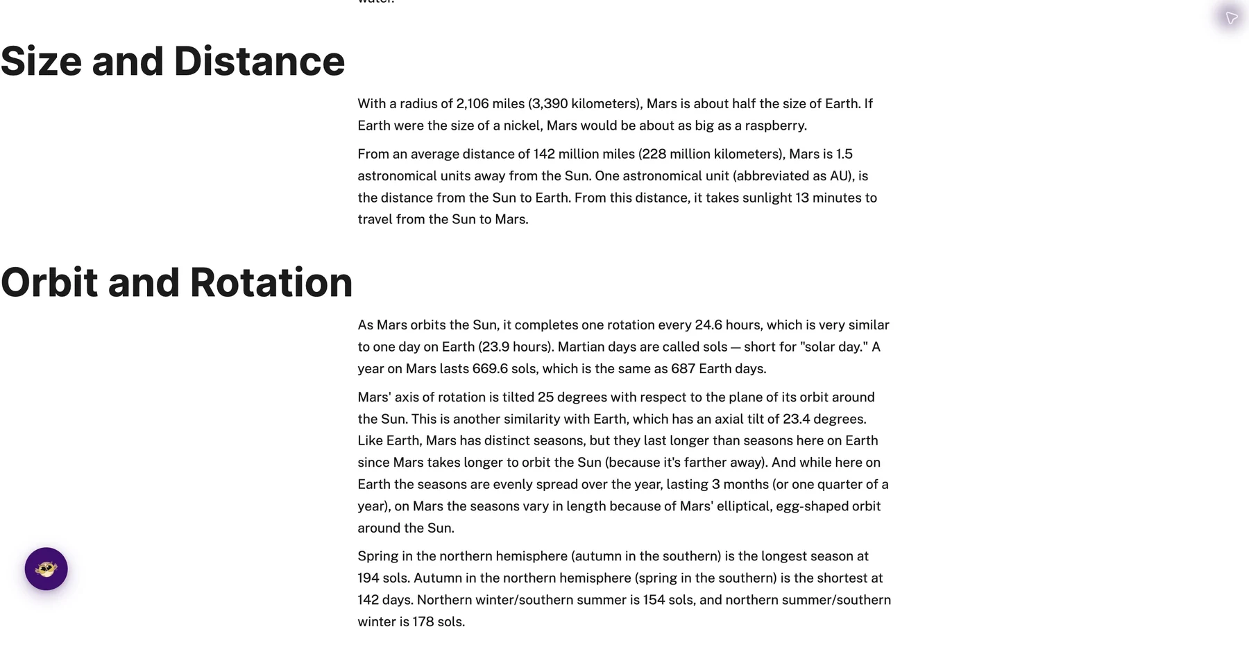 NASA’s Mars article with Helperbird paragraph width set to 66 percent