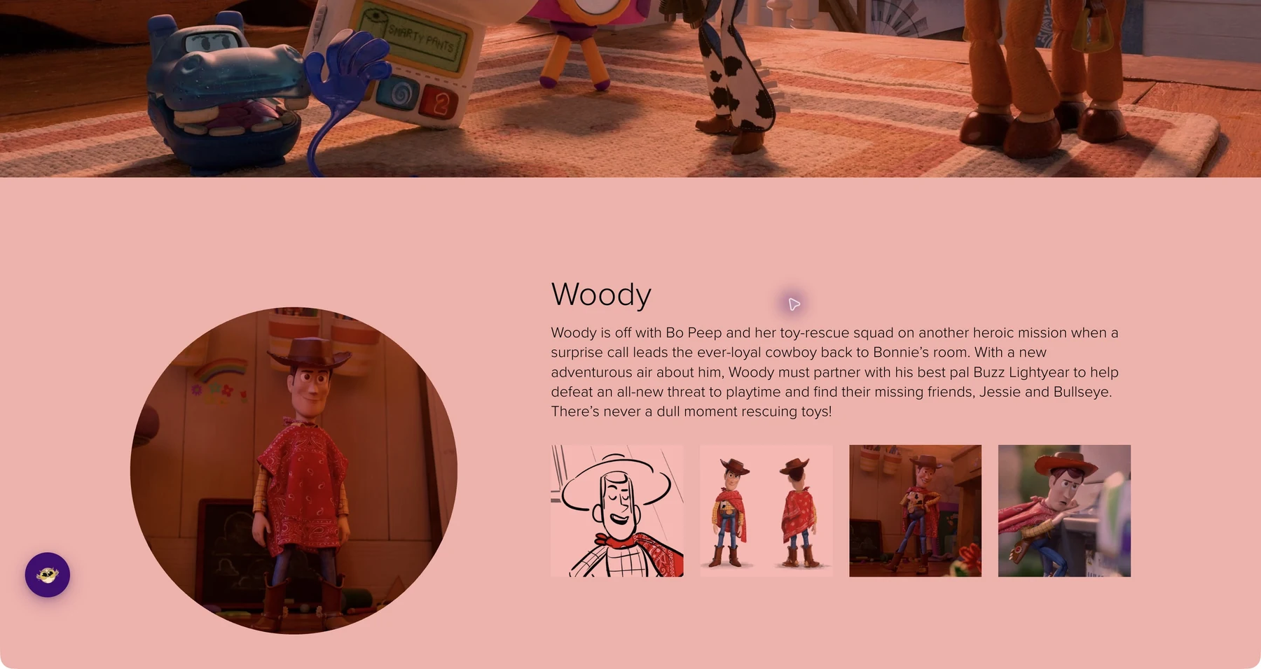 Pixar’s Toy Story page with Helperbird’s red color overlay at 50 percent opacity with Blend enabled