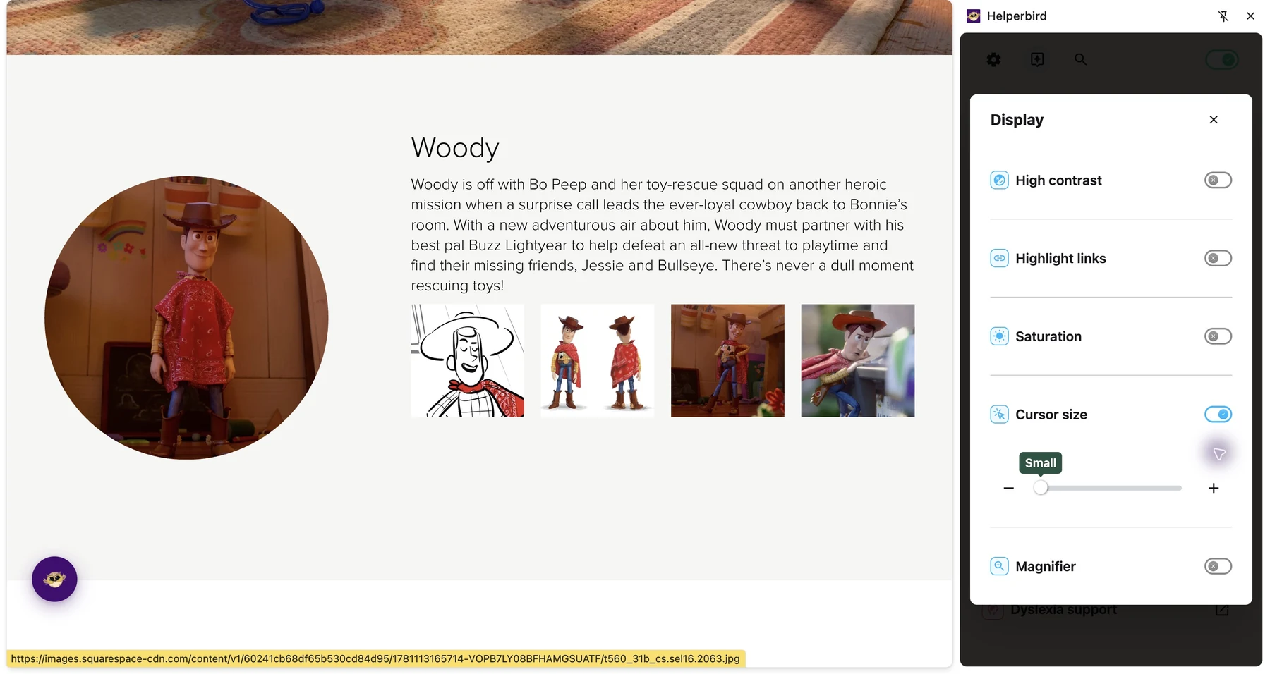 Helperbird’s cursor size control enabled beside Pixar’s Woody character page