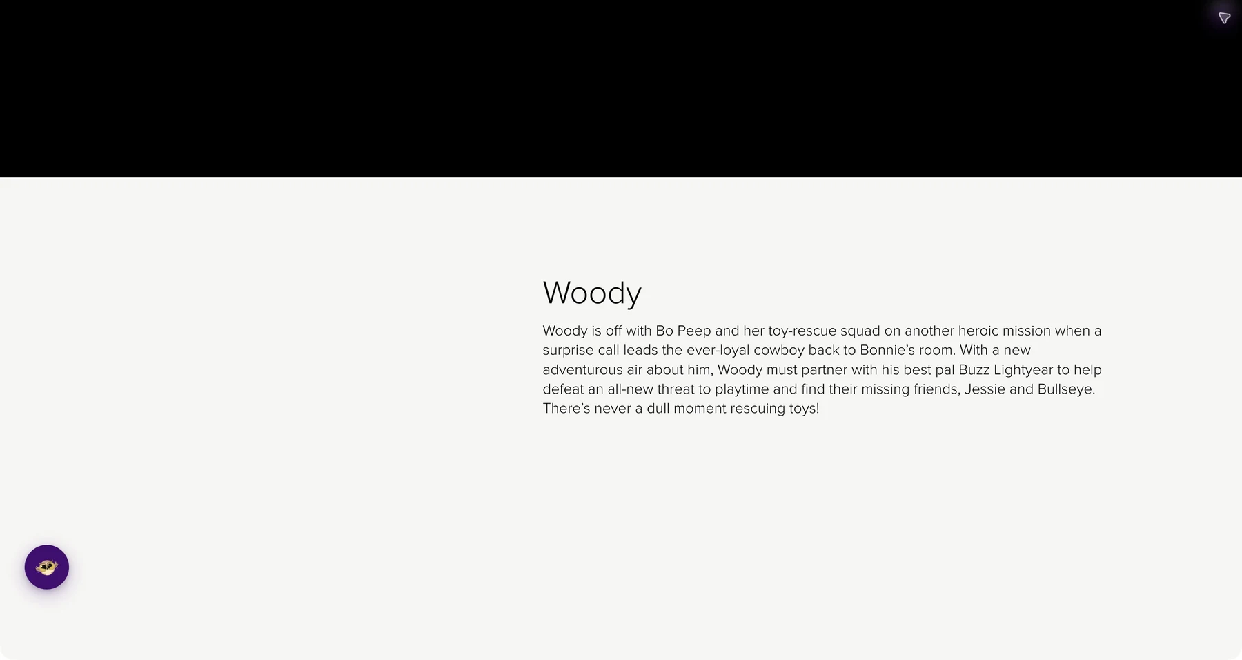 Pixar’s Woody description with its character images hidden by Helperbird