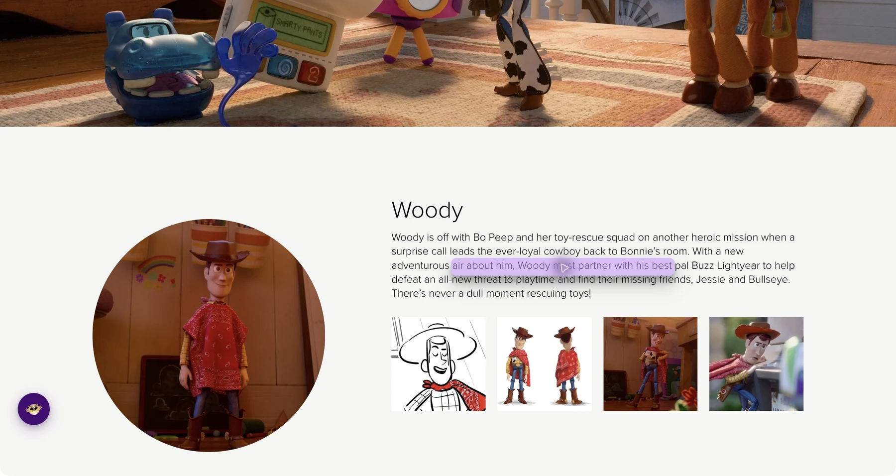 Helperbird’s purple Reading Guide following a line in Pixar’s Woody character description