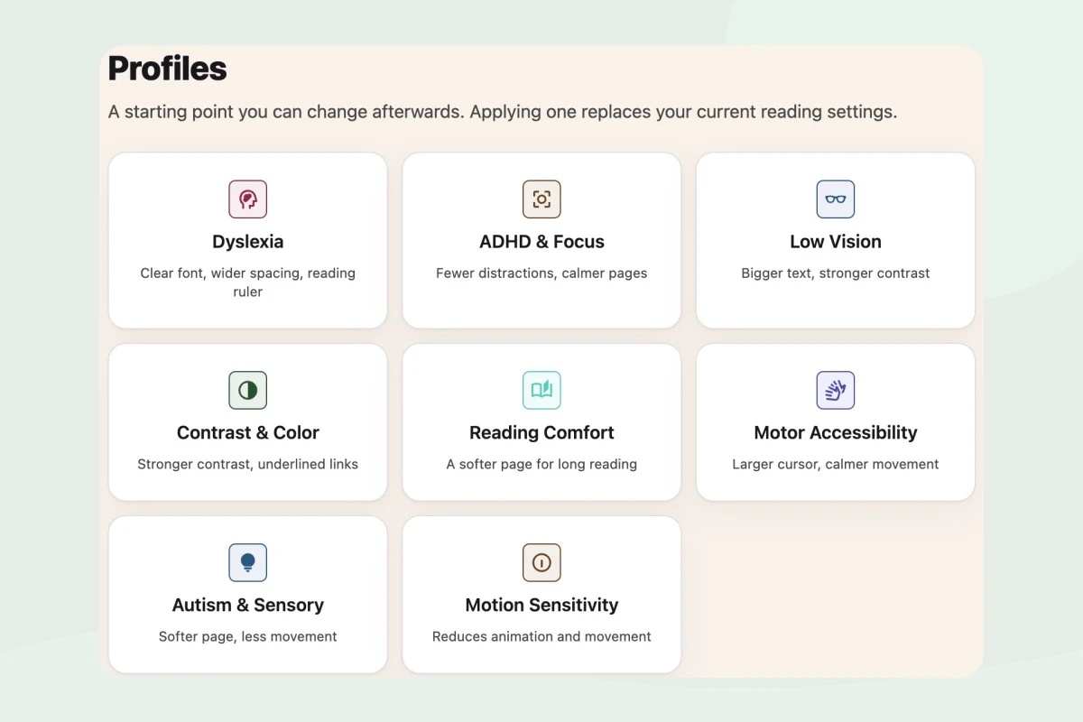 Helperbird’s eight profile choices, from Dyslexia to Motion Sensitivity, shown as a close-up of the real screenshot