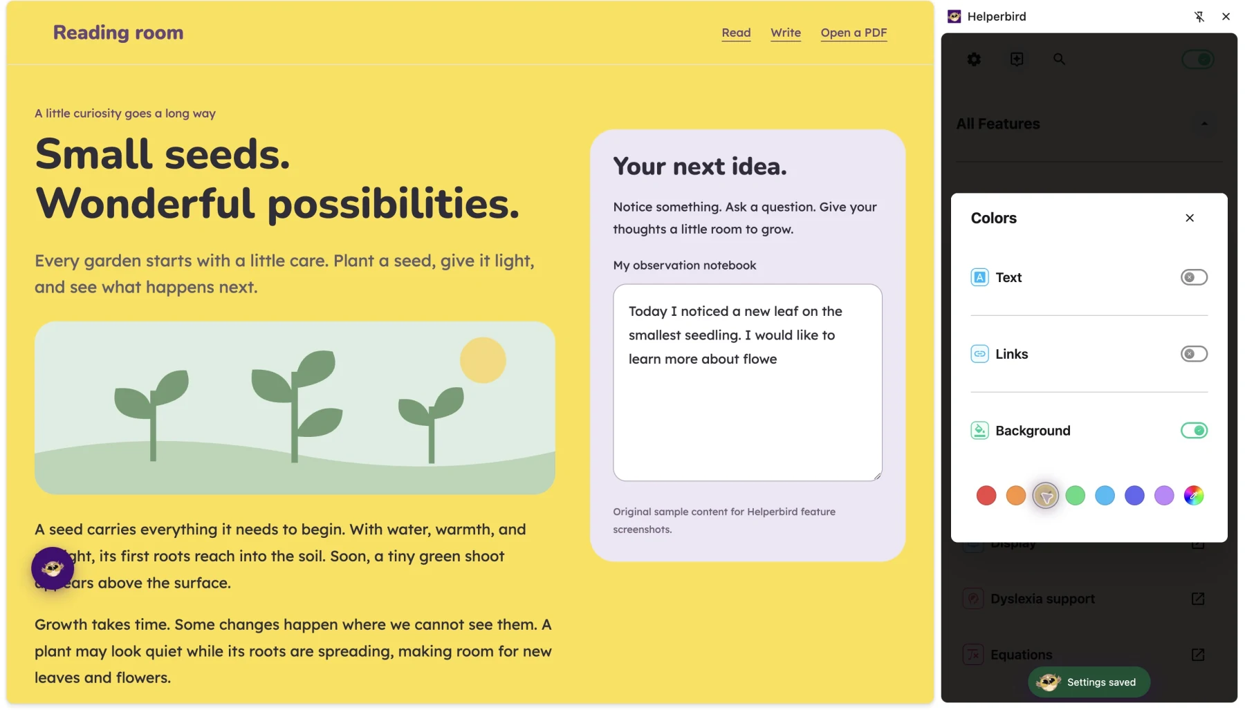 The original reading sample with a yellow page background applied