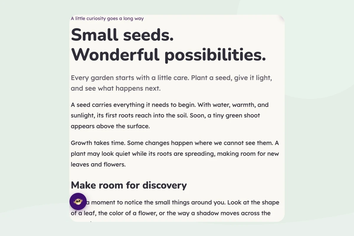 The reading sample with its garden illustration hidden by Helperbird, shown as a close-up of the real screenshot