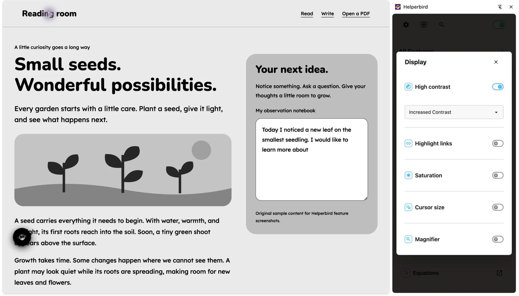 The reading sample with Helperbird’s increased contrast applied