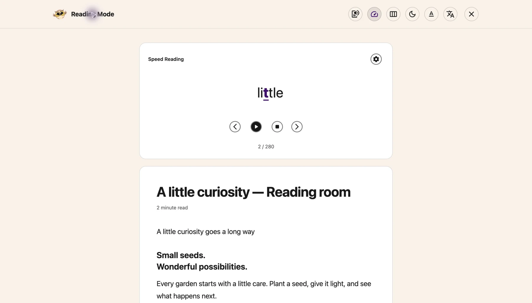 Helperbird Speed Reading paused on a word from the original reading sample