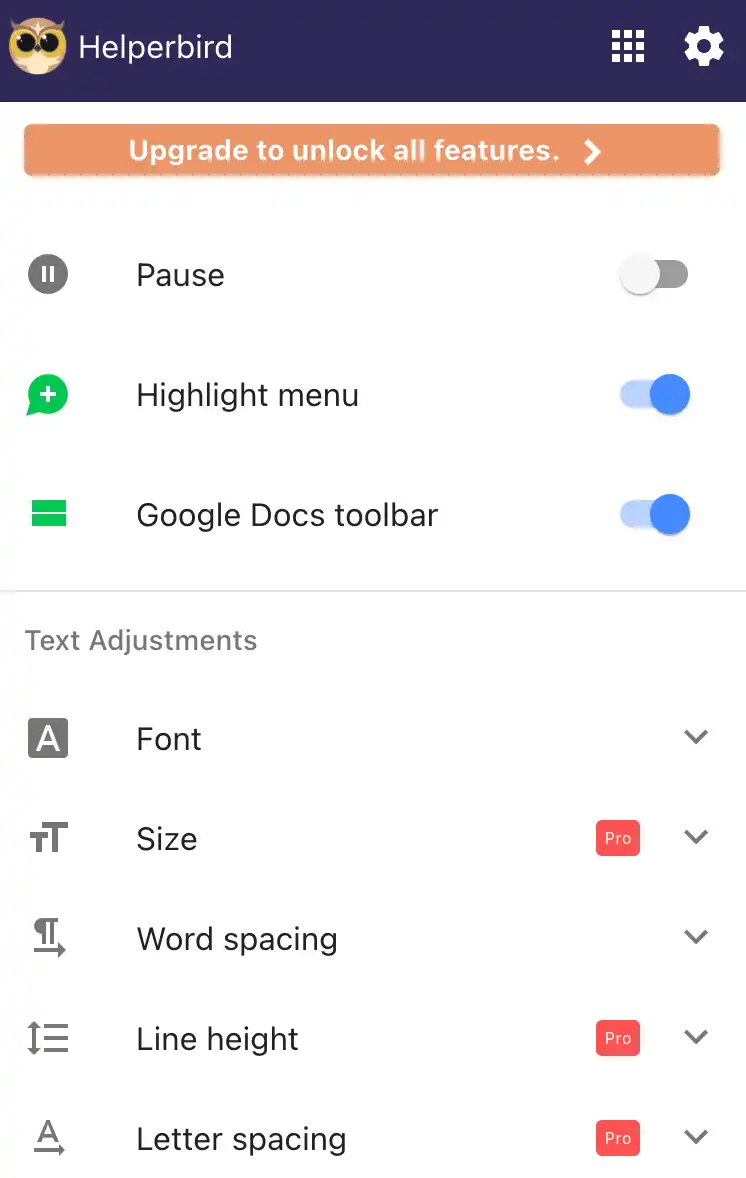 Quick access menu